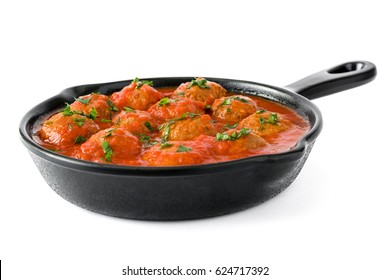 Meatballs With Tomato Sauce In Iron Frying Pan Isolated On White Background

