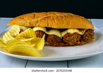 Meatballsandwich  Top With Melted Cheese On A Hoagie Roll,