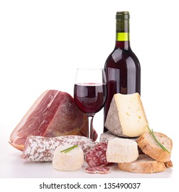 Meat,cheese And Wine Isolated