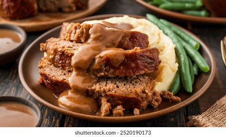 Meatloaf with Gravy
Thick slices of hearty meatloaf, doused in a rich, savory gravy, rest on a bed of buttery mashed potatoes. A quintessential comfort food, warm and satisfying with every bite.

 - Powered by Shutterstock