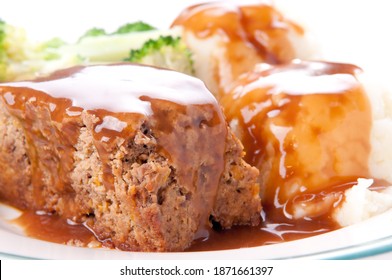 Meatloaf With Mashed Potatoes, Gravy And Fresh Vegetables