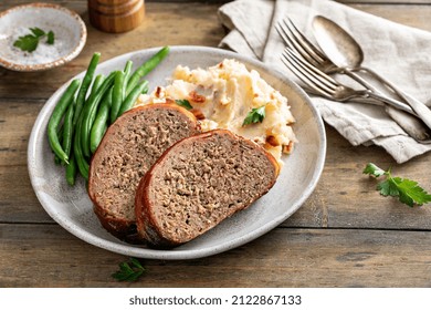 Meatloaf With Mashed Potatoes And Green Beans, Traditional Dinner Meal, Serving On A Plate