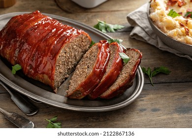 Meatloaf With Mashed Potatoes And Green Beans, Traditional Dinner Meal