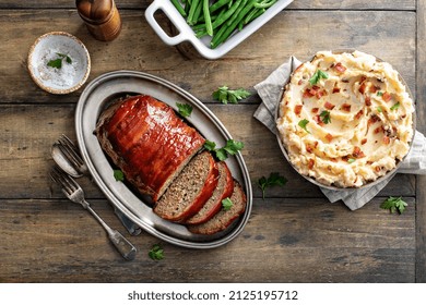 Meatloaf With Mashed Potatoes And Green Beans, Traditional Dinner Meal