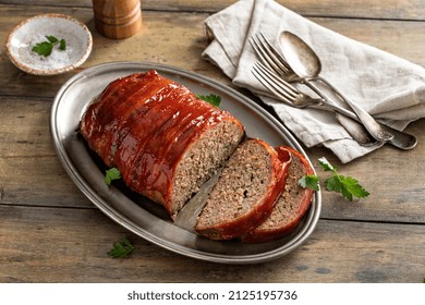 Meatloaf With Mashed Potatoes And Green Beans, Traditional Dinner Meal