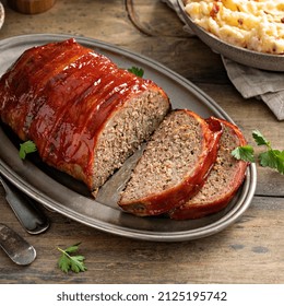 Meatloaf With Mashed Potatoes And Green Beans, Traditional Dinner Meal