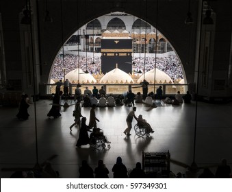 MECCA, SAUDI ARABIA - JANUARY 28: A silhouette image of the kabe, the Muslims who tavaf from the first flooron January 28, 2017 in Mecca Saudi Arabia. Kabe is the most sacred place for Muslims.