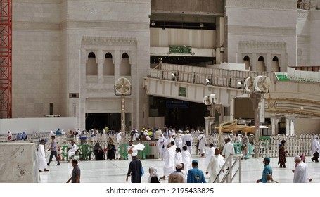 Mecca Saudi Arabia- July 27 2022: Pilgrims Going In And Out From Al Haram Mosque Through King Abd. Aziz Gate.