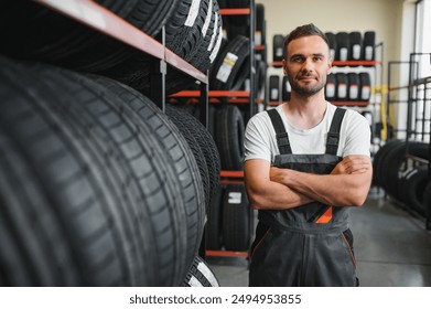 mechanic in blue uniform standing at stock tyre. - Powered by Shutterstock