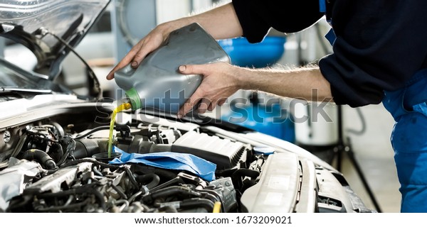 Mechanic in car service. Auto mechanic putting oil
in a car engine