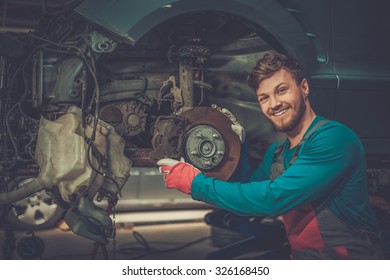 Mechanic Checking Car Brake System In A Workshop