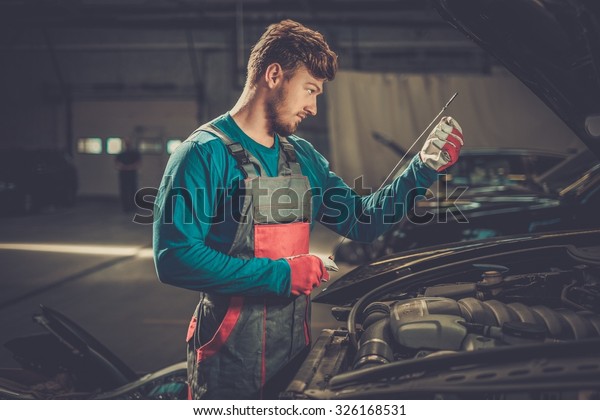 Mechanic checking\
oil level in a car\
workshop