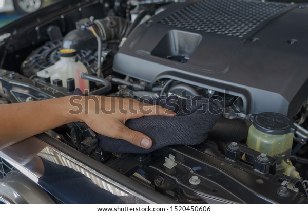 Mechanic checks and\
cleans the car\'s\
engine.