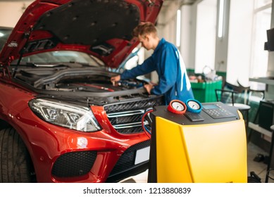 Mechanic Connects Air Conditioning System