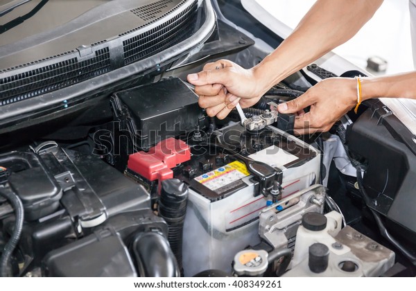 Mechanic Engineer Fixing Car Battery Garage Stock Photo Edit Now