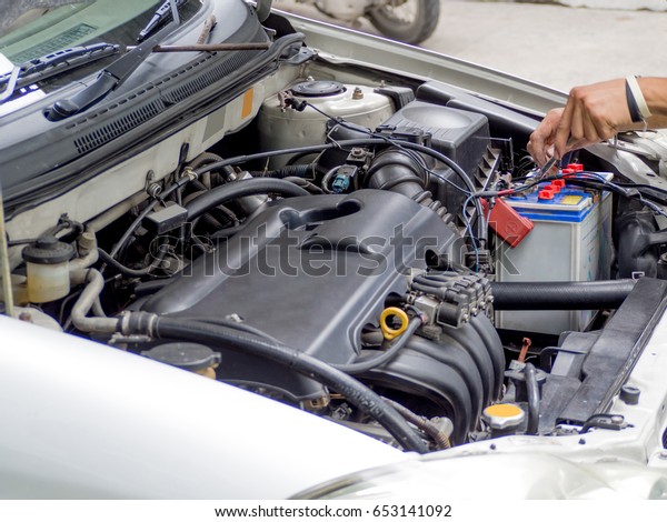 Mechanic Engineer Fixing Car Battery Garage Stock Photo Edit Now