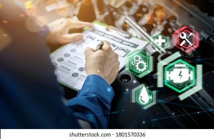 Mechanic Engineer Futuristic Hologram Icon Repairing Diagnosing Checking Motor Vehicle Car Parts Fixing Issues Problem Broken Engine, Using Clipboard Pen Man In Professional Uniform Working In Garage