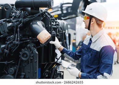 Mechanic engineer with tablet computer inspecting and fix engine from industrial mining truck, diesel injector adjustment and filter replacement.