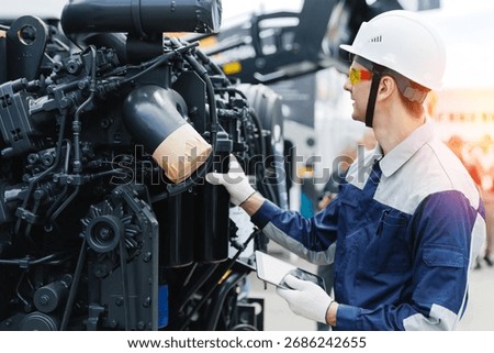 Mechanic engineer with tablet computer inspecting and fix engine from industrial mining truck, diesel injector adjustment and filter replacement.