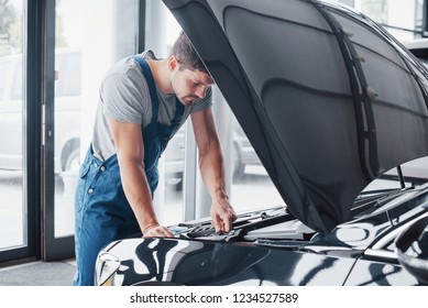 Mechanic Hands Checking Up Of Serviceability Of The Car In Open Hood, Close Up