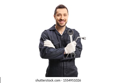 Mechanic Holding Car Repair Equipment Isolated On White Background