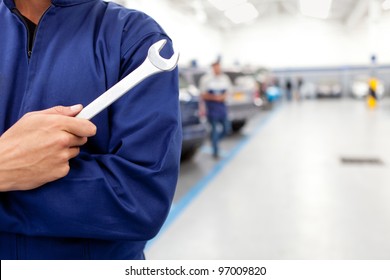 Mechanic Holding A Wrench At A Car Garage