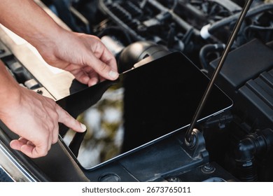 A mechanic is inspecting a car engine while utilizing a tablet to check diagnostic information. The focus is on the interaction between technology and automotive repair.