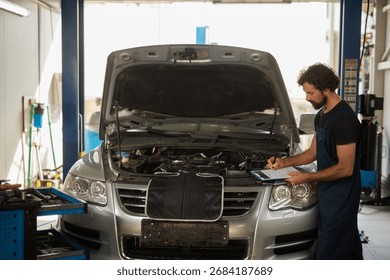 Mechanic is inspecting the engine of a car while taking notes on a clipboard in a well-equipped repair shop. Tools are organized nearby for easy access.