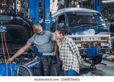 A mechanic inspects a car engine while a client observes in an automotive workshop. The space is filled with tools and vehicles, indicating a busy working environment. - Powered by Shutterstock