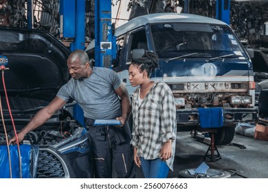 A mechanic inspects a car engine while a client observes in an automotive workshop. The space is filled with tools and vehicles, indicating a busy working environment. - Powered by Shutterstock