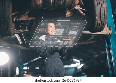 A mechanic inspects an electric or eco-friendly car's underside, interacting with a futuristic transparent digital interface showing energy and battery data.