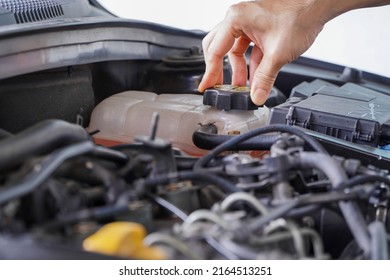 mechanic inspects the expansion tank with pink antifreeze. Vehicle coolant level in the car's radiator system. auto parts - Shutterstock ID 2164513251