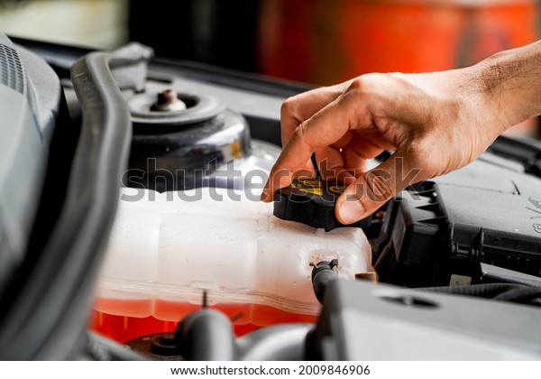 mechanic\
inspects the expansion tank with pink antifreeze. Vehicle coolant\
level in the car\'s radiator system. auto\
parts
