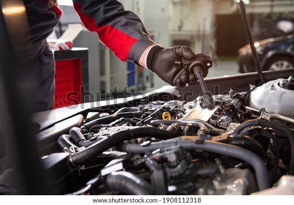 mechanic makes diagnostics of the\
car in the engine. car service and audit by an employee in a large\
car service. candle replacement. black mittens and car tool\
