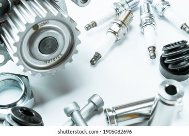 Mechanic Part. Set Of New Metal Car Part. Auto Motor Mechanic Spare Or Automotive Piece Isolated On White Background. Repair And Vehicle Service