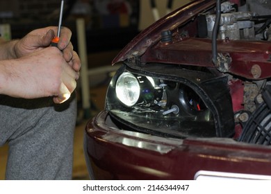 Mechanic Process Installing Adjusting Headlights On Stock Photo ...