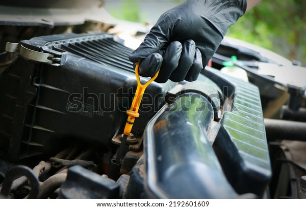 The mechanic pulls up\
the dipstick to check the oil level to make sure it is at the\
proper level. under the concept of engine maintenance , Focus on\
the oil dipstick handle.