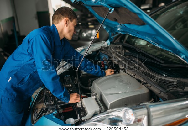 Mechanic repairs car\
engine, motor\
diagnostic