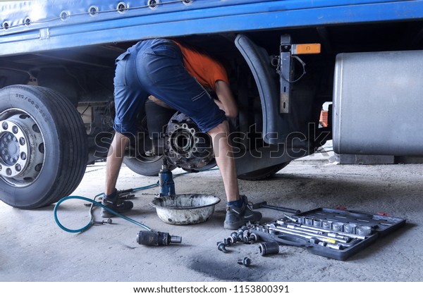 \
A mechanic repairs a truck. Replace brake disc and\
pads