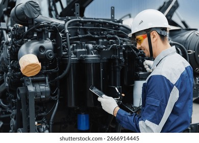 Mechanic with tablet computer control and fix problem of engine from industrial mining truck.