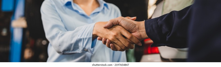 Mechanic Technician Making Handshake Deal With Business Customer At Auto Car Garage Service, Workshop Occupation For Automobile Maintenance Repair, Adult Industry Worker Greeting For Client Agreement