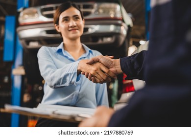 Mechanic Technician Making Handshake Deal With Business Customer At Auto Car Garage Service, Workshop Occupation For Automobile Maintenance Repair, Adult Industry Worker Greeting For Client Agreement