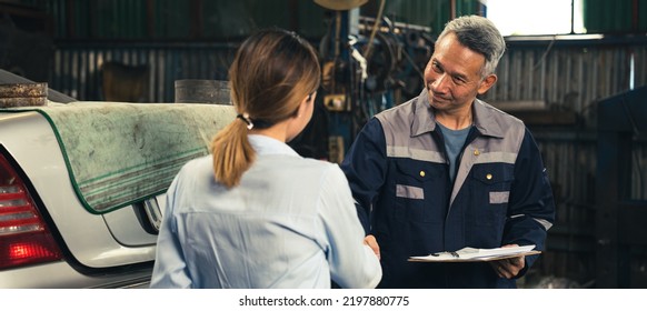 Mechanic Technician Making Handshake Deal With Business Customer At Auto Car Garage Service, Workshop Occupation For Automobile Maintenance Repair, Adult Industry Worker Greeting For Client Agreement