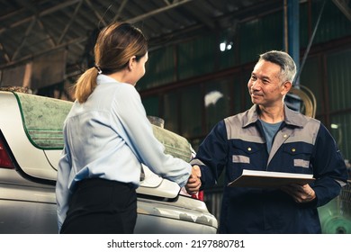 Mechanic Technician Making Handshake Deal With Business Customer At Auto Car Garage Service, Workshop Occupation For Automobile Maintenance Repair, Adult Industry Worker Greeting For Client Agreement