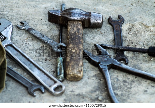 Mechanic tools. Authentic tools. Set of different\
garage tools