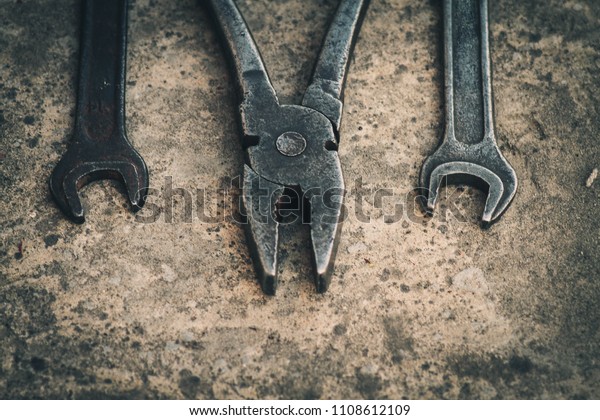 Mechanic tools. Authentic tools. Set of different\
garage tools