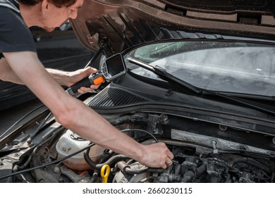 Mechanic using diagnostic tool to inspect car engine during vehicle maintenance