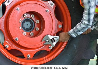 Mechanic using a torque wrench socket and extension on the lug nuts of a car wheel.Standard specification for the plant.Check for safe travel.