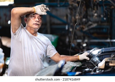 Mechanic Worker In Garage Auto Service Tired Stressed Hardwork Fatigue Hot Workplace Wipe Sweat 