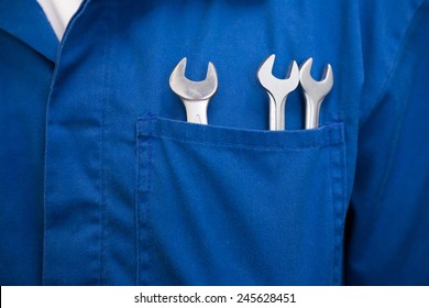 Mechanic with wrenches in pocket at the repair garage